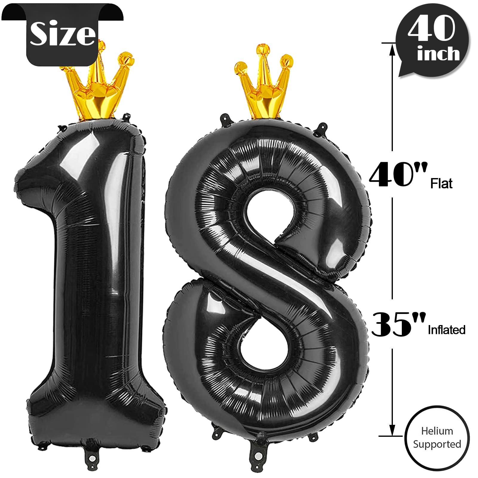 Amazon | ブラック 数字18バルーン 40インチ 18個の数字バルーン 18歳